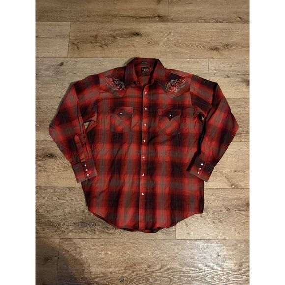Plain Western Wear Mens Red Plaid Long Sleeve Pearl Snap Shirt Soze Large Tall - Picture 1 of 3
